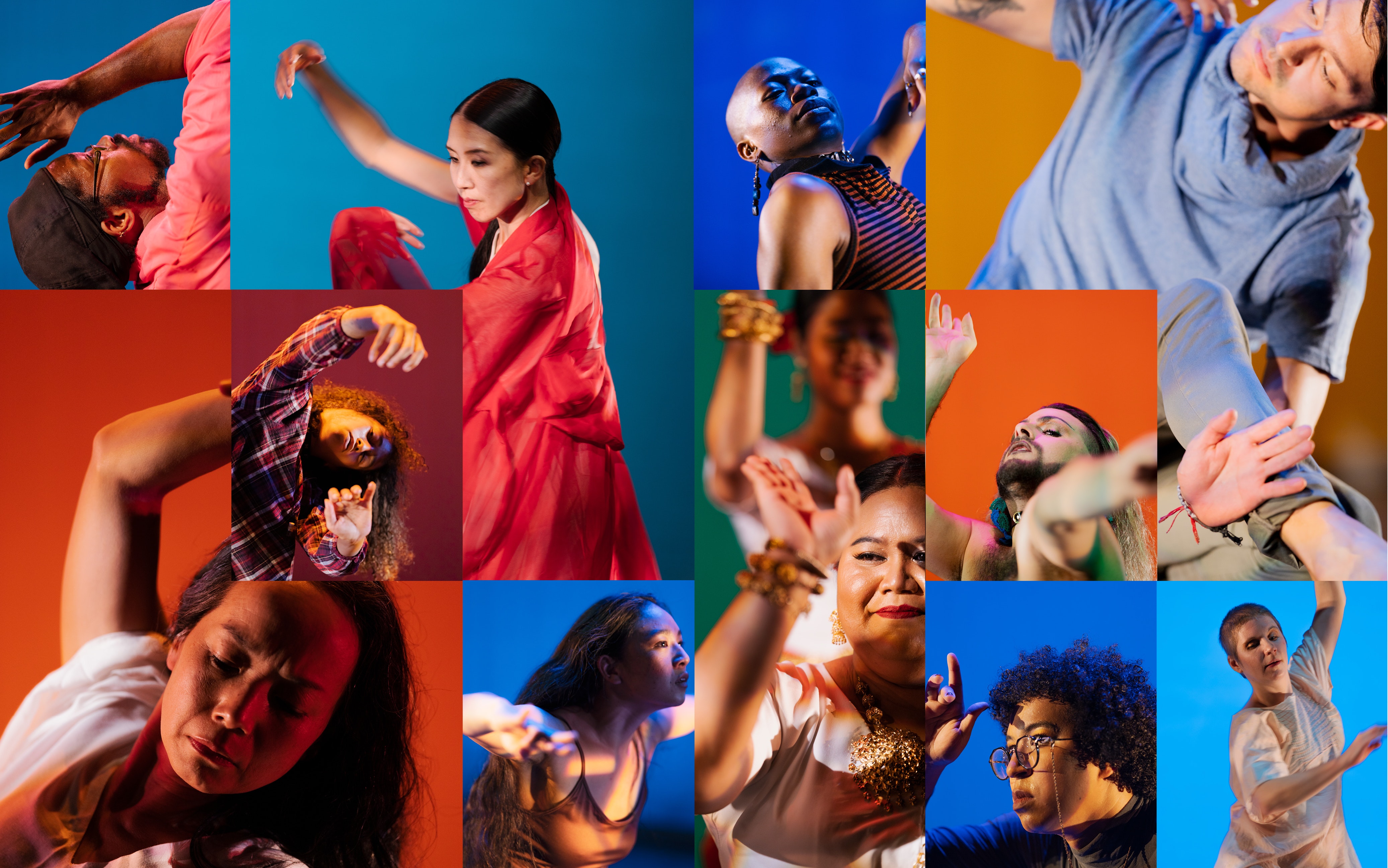 Grid of 11 images of dancers in various poses on different colored backgrounds