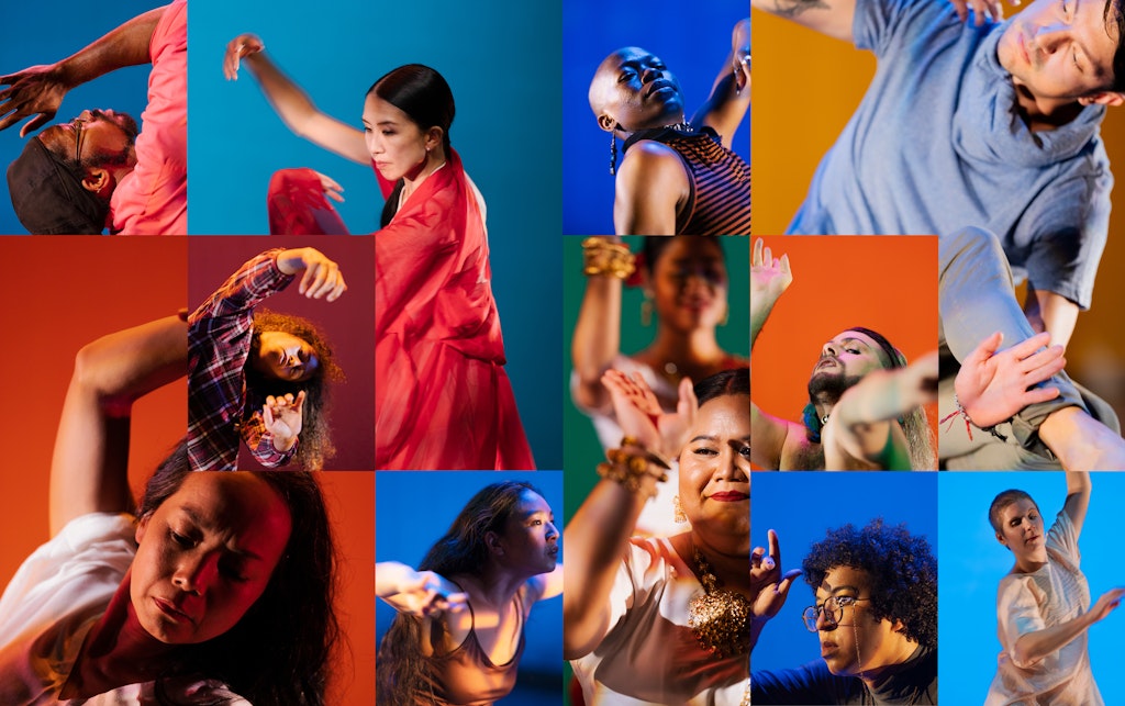 Grid of 11 images of dancers in various poses on different colored backgrounds