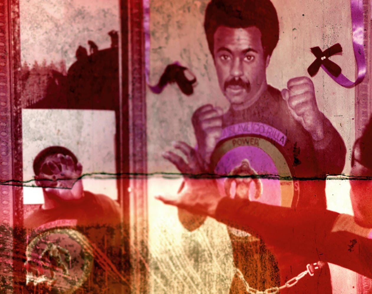 Weathered film negative showing a young black man reaching out at a mirror next to a painting of an older black man.