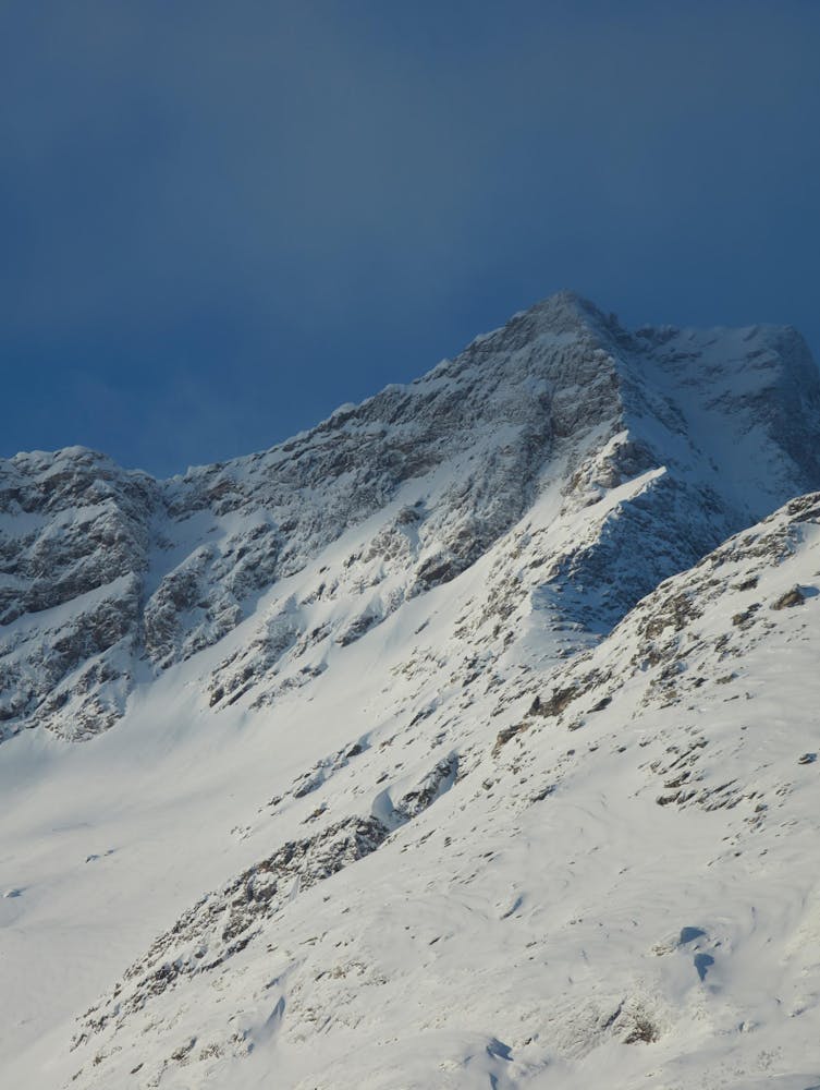photograph of a snow-covered mountain and blue sky