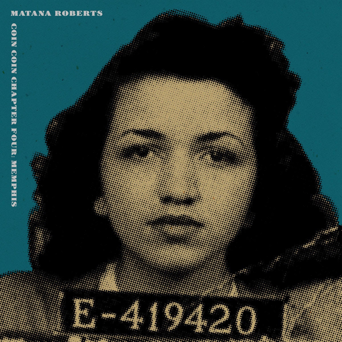 A cutout of mug shot of a black woman from the 1940s or '50s. She holds a placard with an ID number. This image is overlaid on top of a green background.