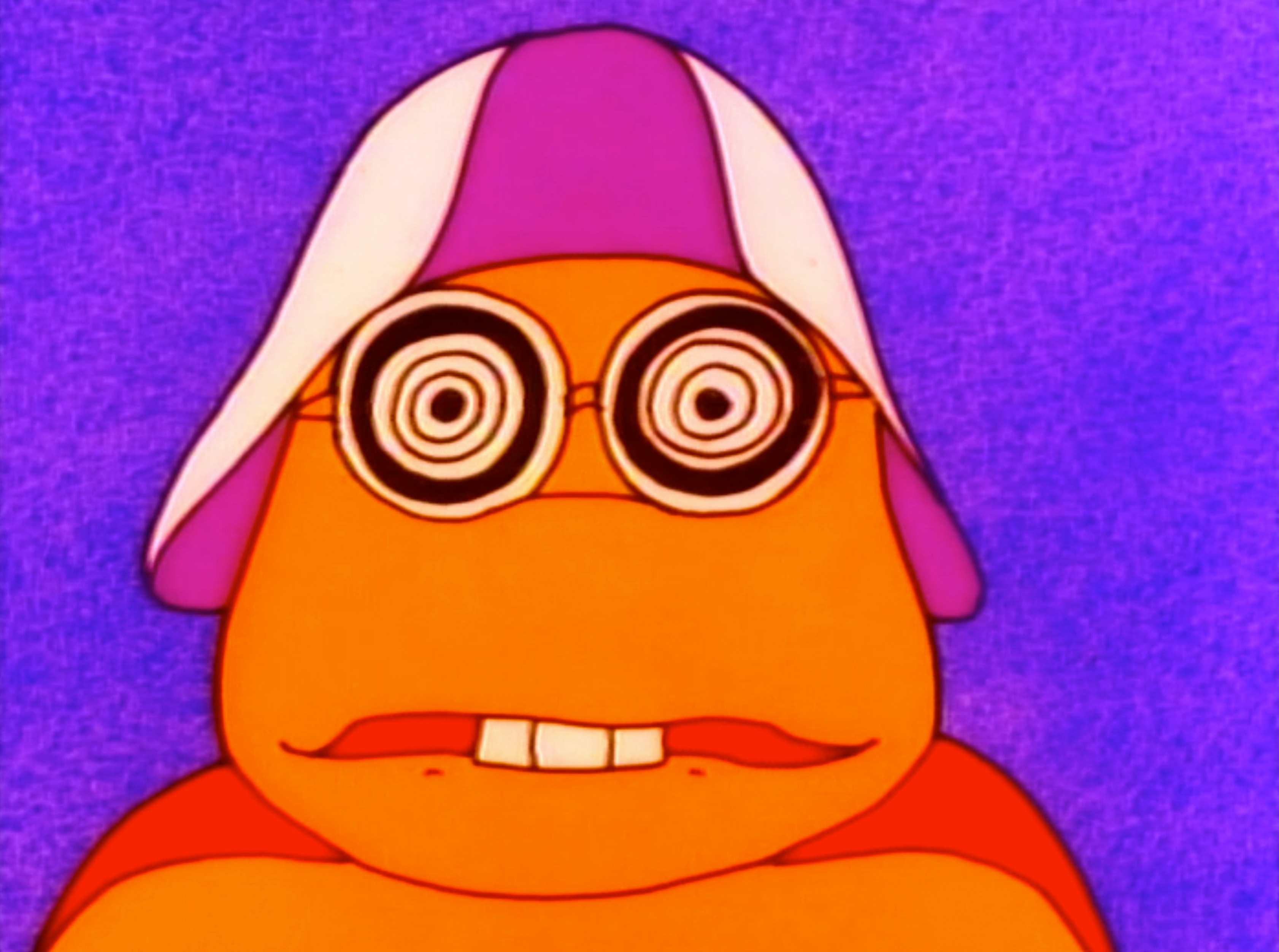 close up portrait of animated character named Quasi against purple background.