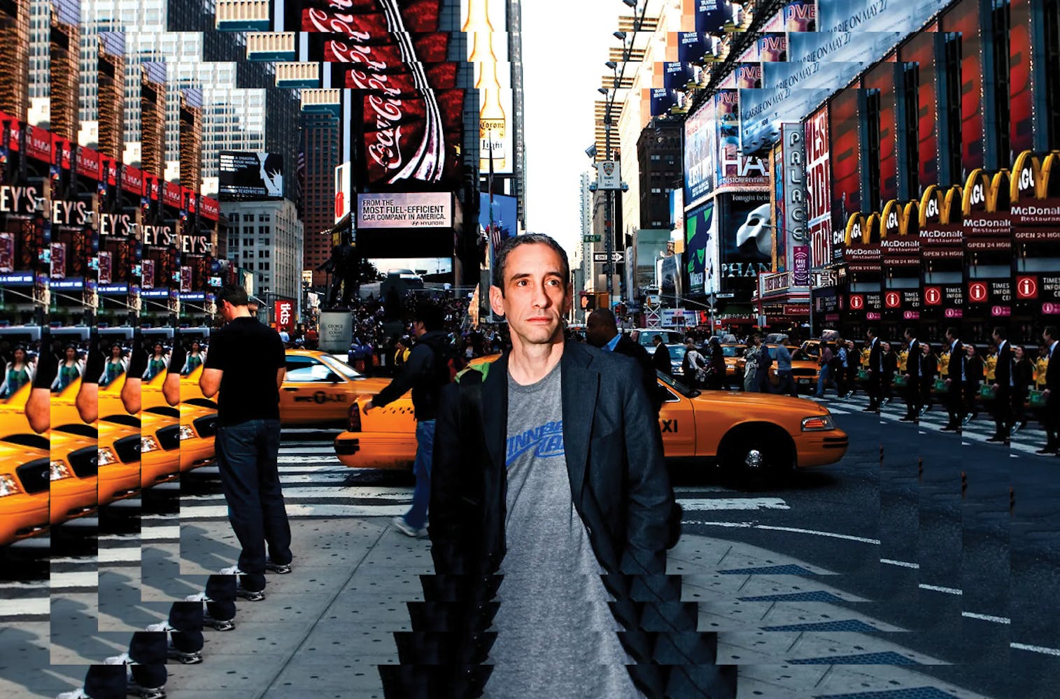 Image of an adult man standing in Times Square repeats into infinity.