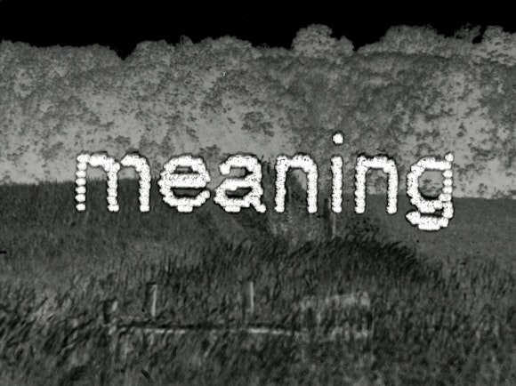 Black and white image of landscape with the word "meaning" superimposed on top