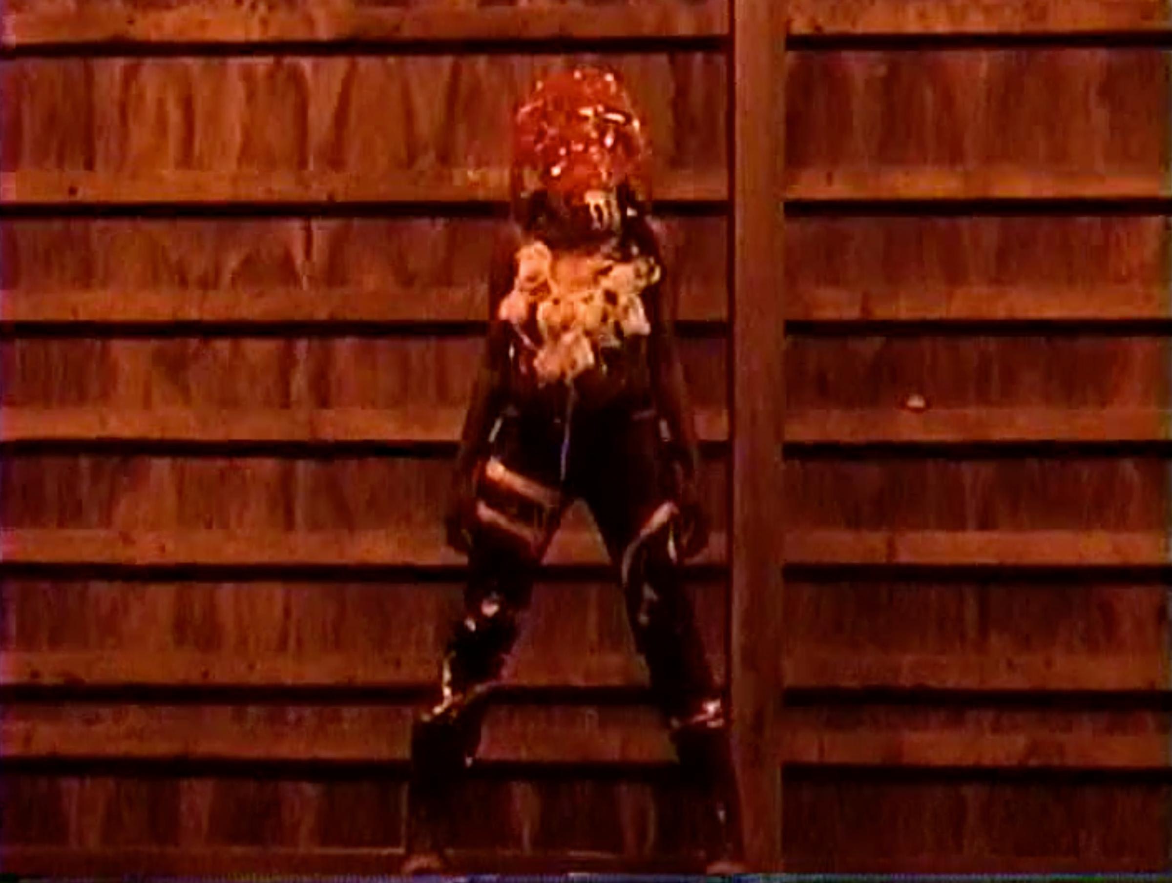 A woman in strange head covering and clothing stands in front of a wooden wall.