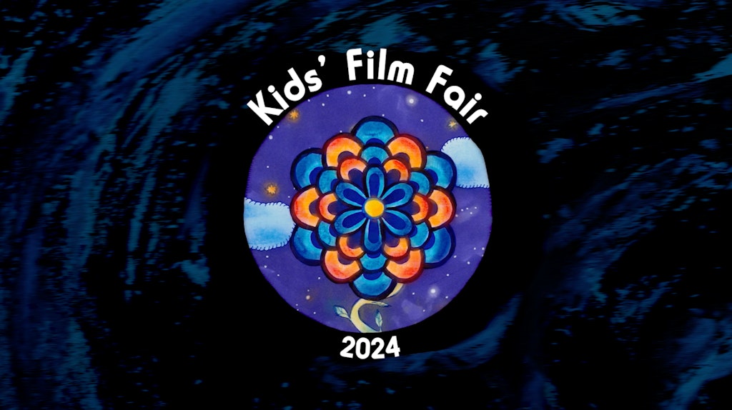 A colorful cartoon flower sits in a circle surrounded by a staring night with the words Kids' Film Fair 2024 around it.