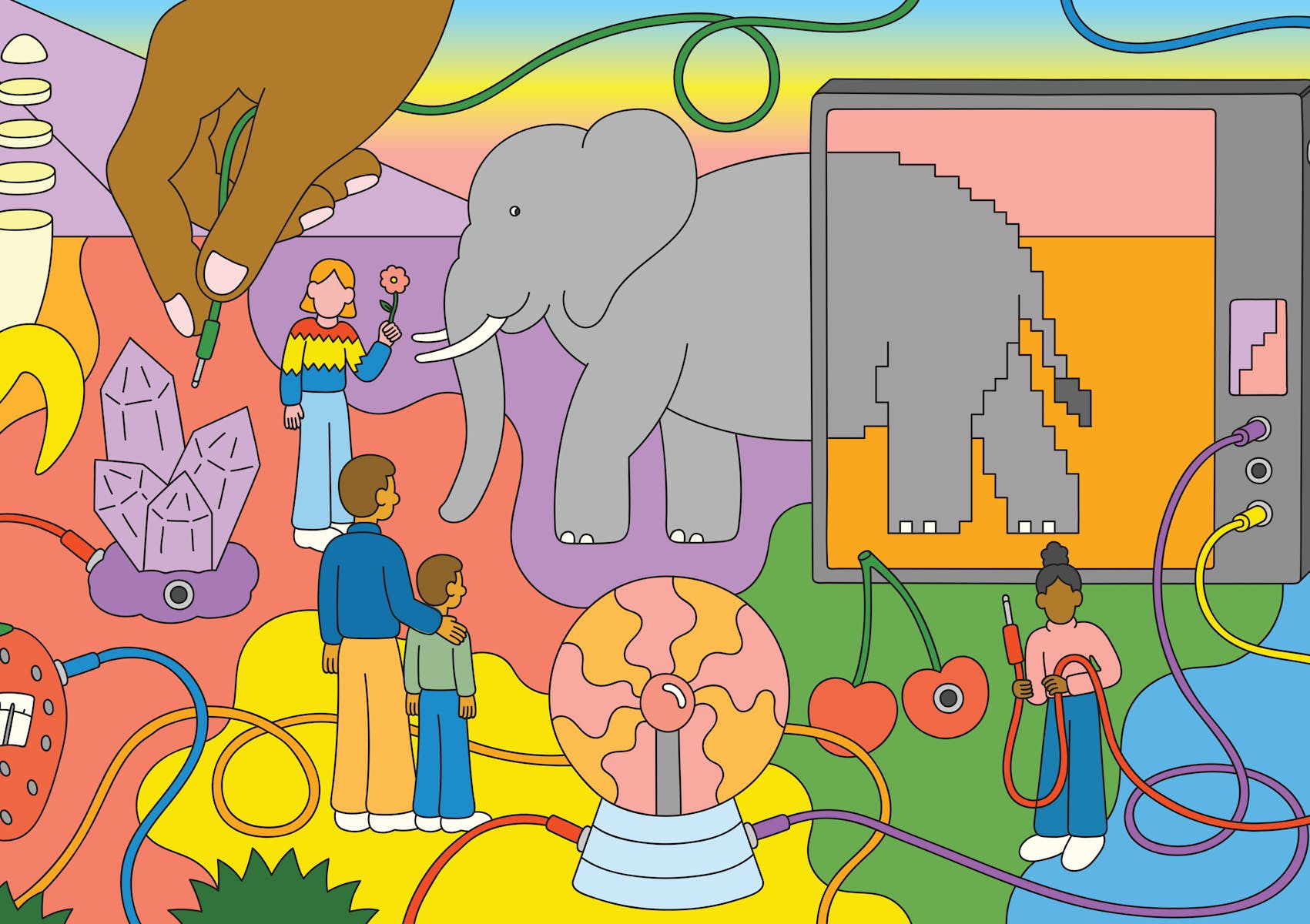 Multicolored illustration of surreal elements including elephant, iPad, cherries, people, cables.