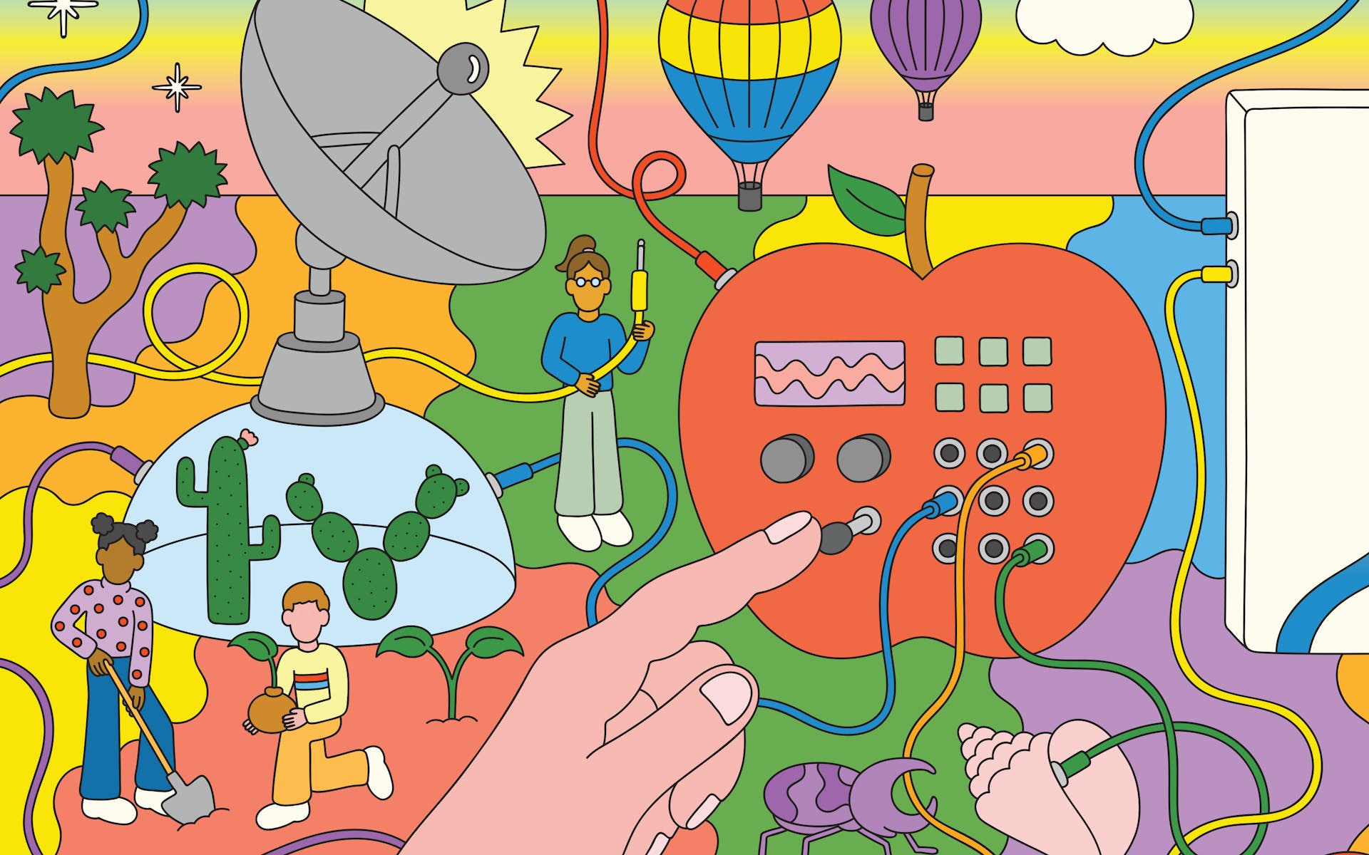Colorful illustration depicting fantastical setting including electronic console embedded in a giant apple, a satellite, children planting cactii, hot air balloons, a beetle, a plug connecting to a conch shell, etc.