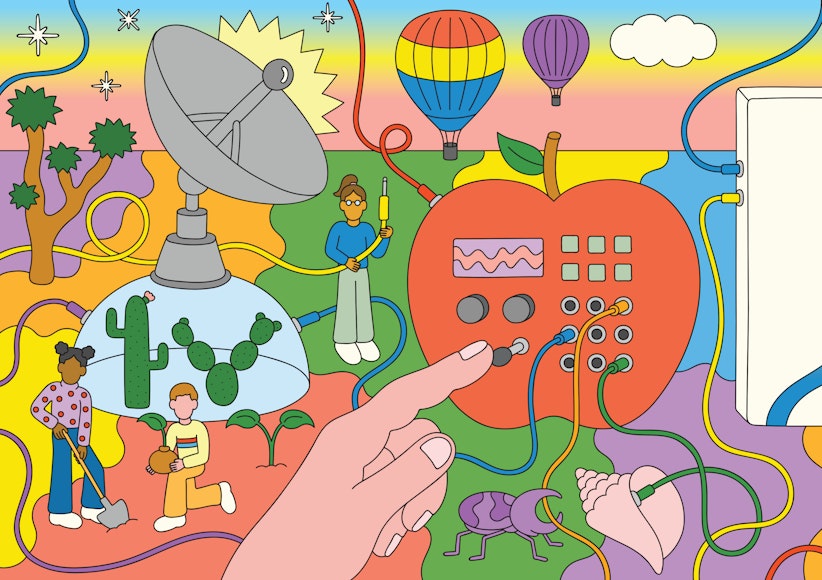 Colorful illustration depicting fantastical setting including electronic console embedded in a giant apple, a satellite, children planting cactii, hot air balloons, a beetle, a plug connecting to a conch shell, etc.