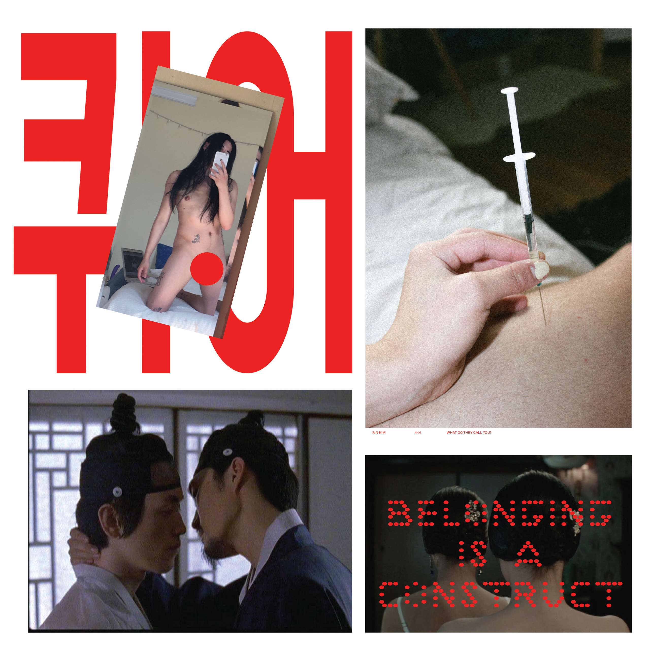 Collage of various images featuring a woman with a phone, a syringe, two people embracing, and text that says belonging is a construct