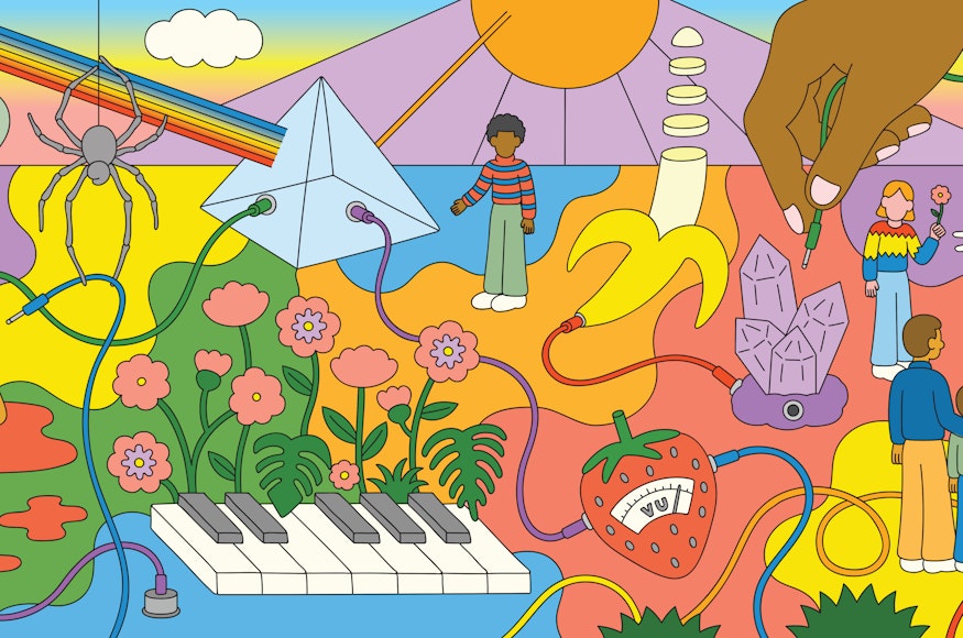 Colorful illustration depicting piano keys, pyramid pight prism, banana and strawberry plugged into wires, a spider, and other fantastical elements
