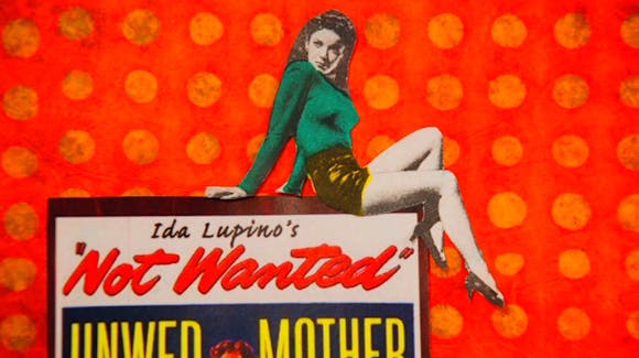Film still animation featuring woman sitting on top of sign on red pattern background