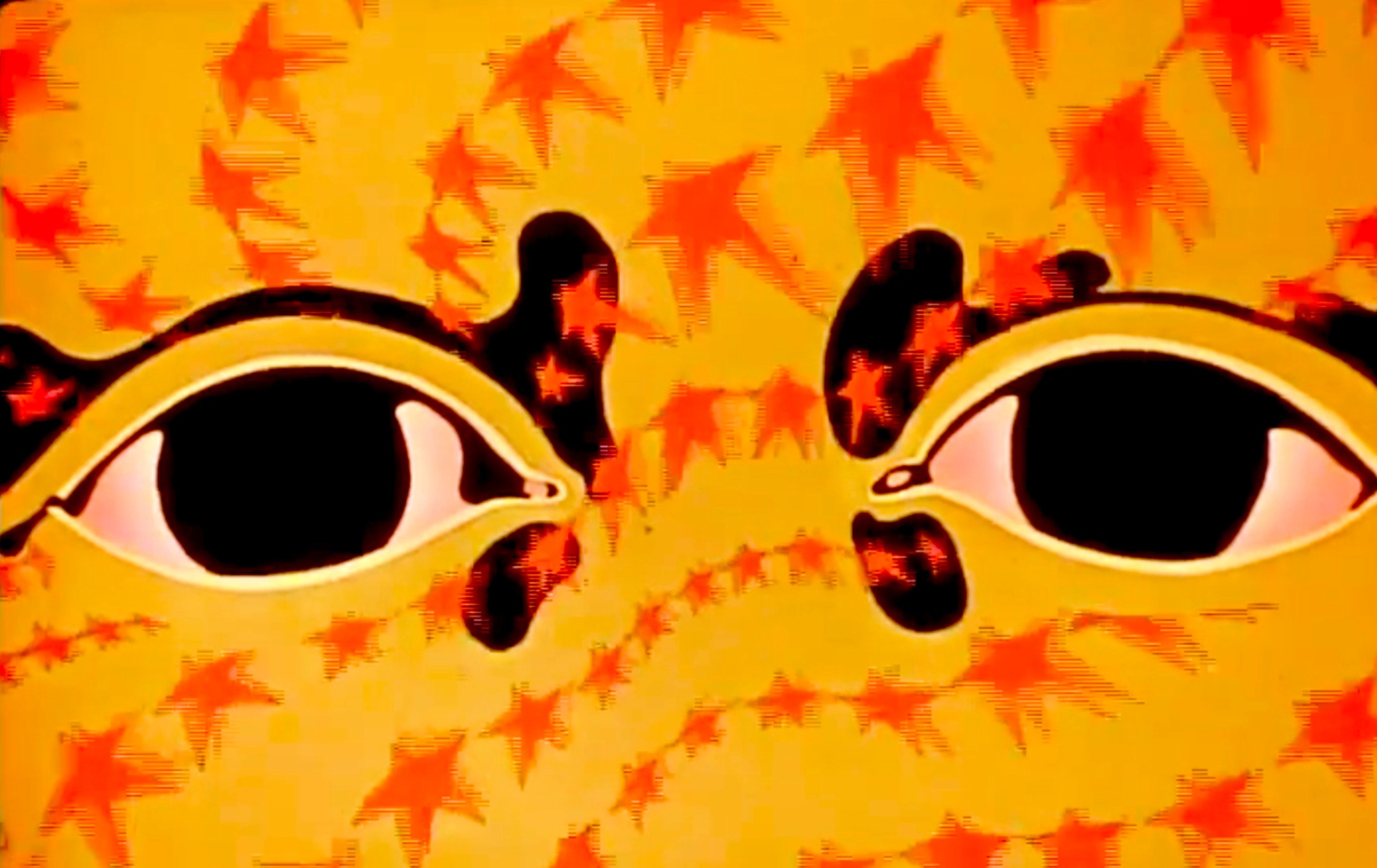 Illustration of two eyes on yellow background with red stars overlaid