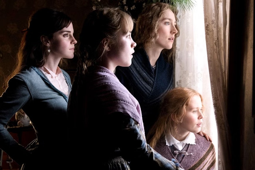 Four young women, from grade-school to twenties in age, stand looking out a curtained window. They wear dresses in blue and purple.