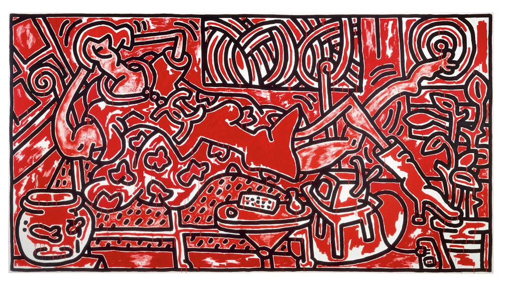 A red painting by Keith Haring.