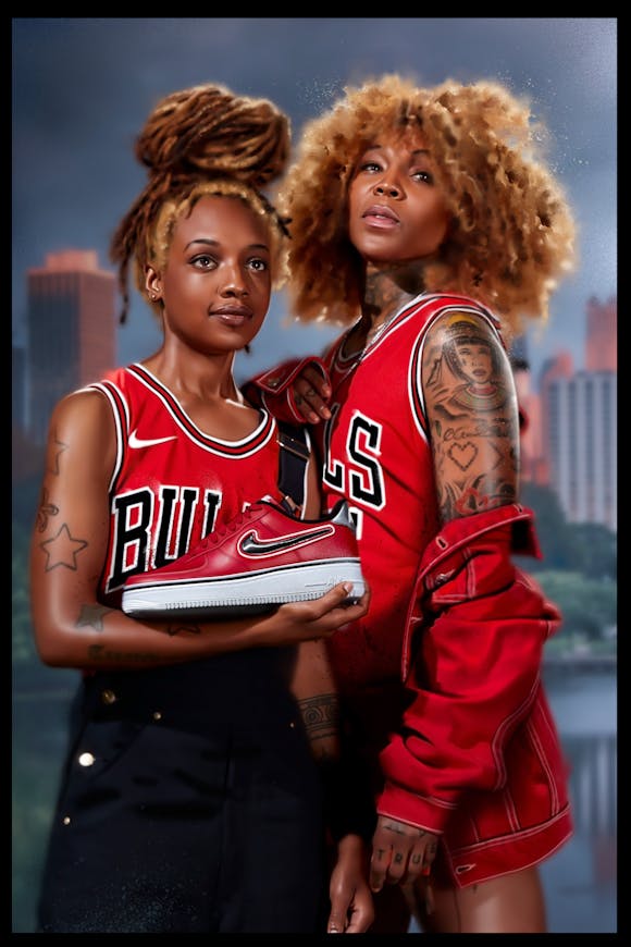 Two women pose while holding a Nike shoe