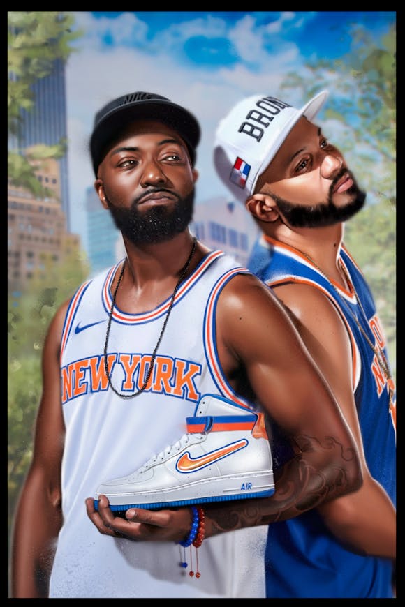 Two men pose while holding a Nike shoe