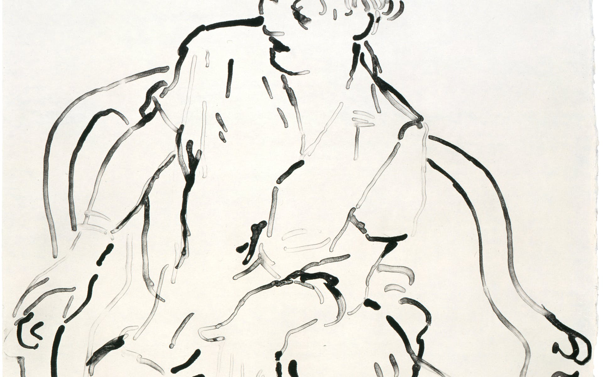 Black ink drawing of woman on chair