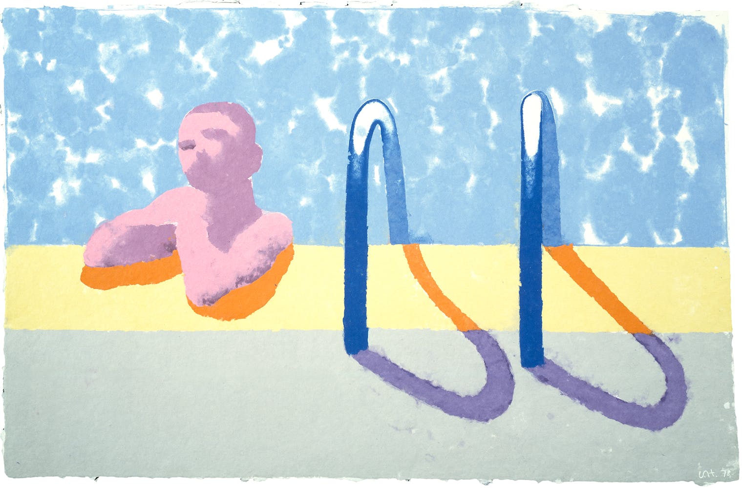 Colorful painting of pink figure in pool with arms resting on concrete