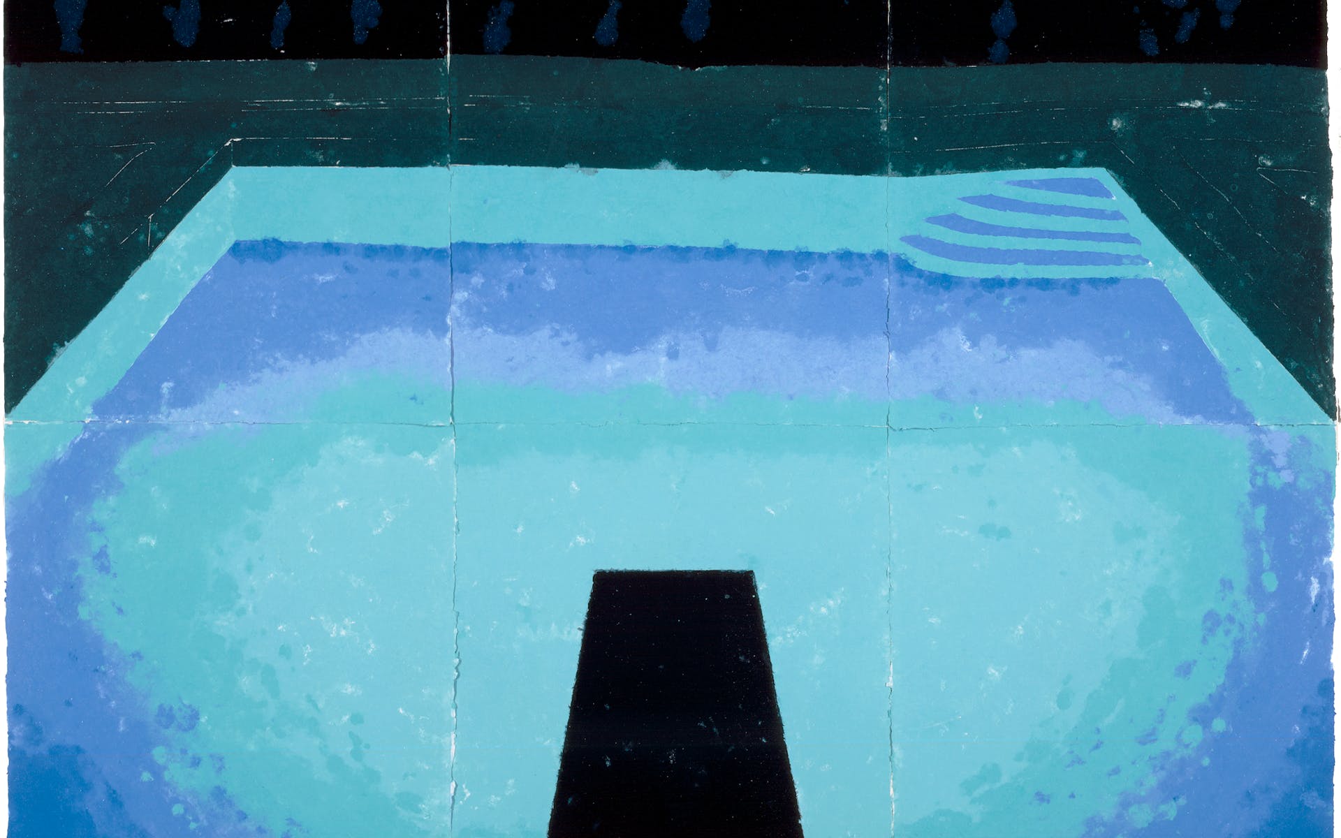 Painting on six sheets of paper of pool and diving board at night