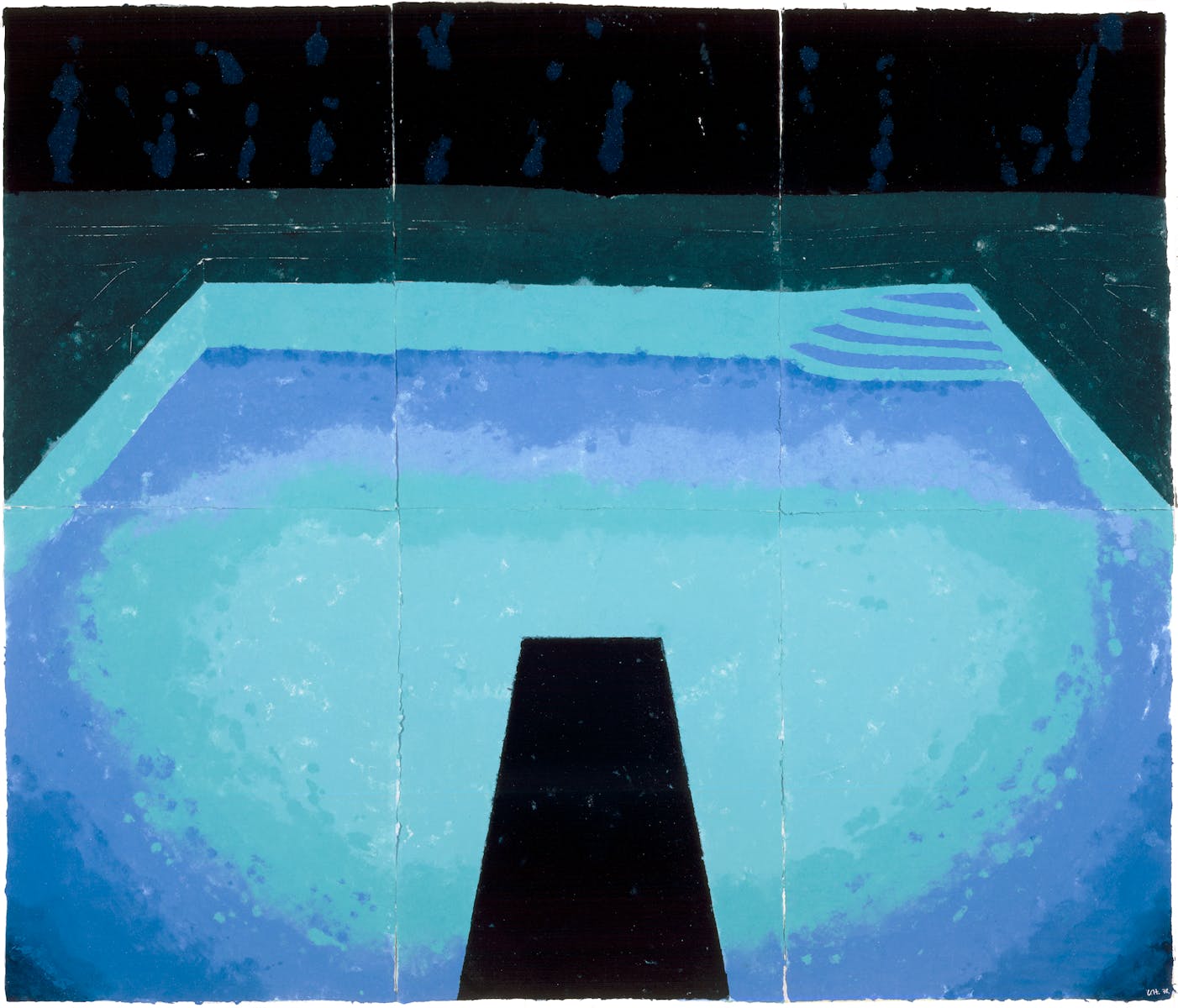 Painting on six sheets of paper of pool and diving board at night