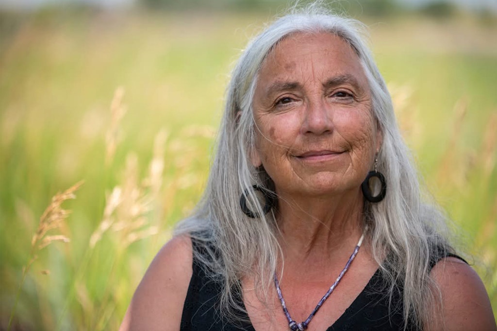 A head and shoulders portrait of a woman with medium skin tone and long gray hair smiling slightly at the camera. She is outdoors in a grassy field.