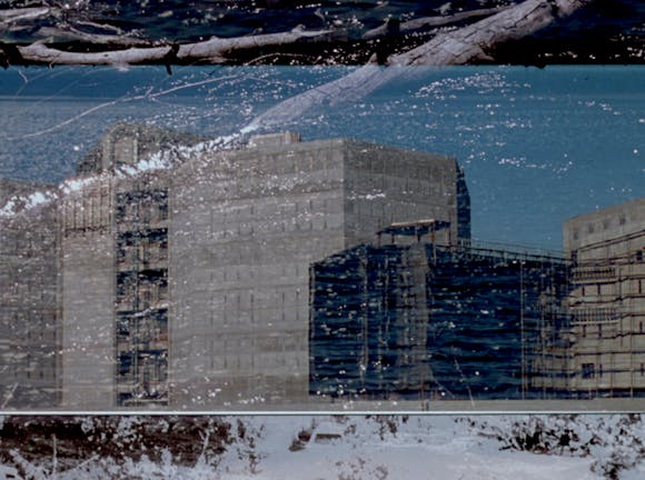 Superimposed image of water and fallen trees on top of image of concrete buildings. The image is split into thirds.