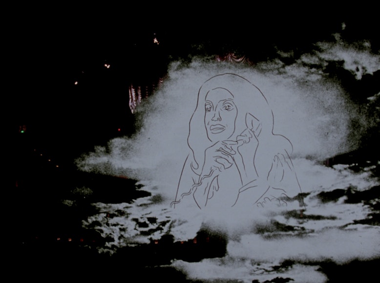 Line drawing of woman on corded phone receiver superimposed on high contrast image of clouds.