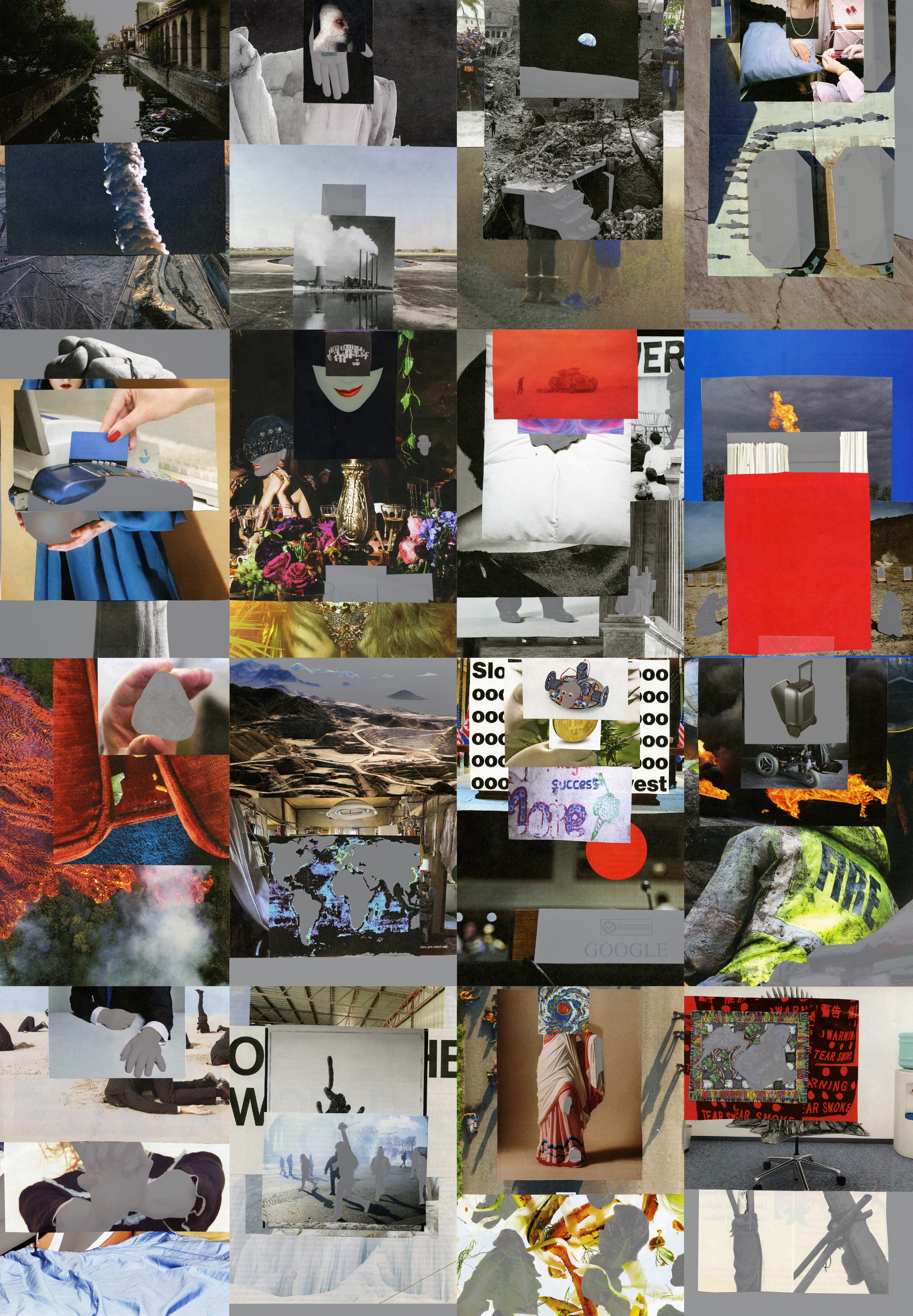Collaged poster featuring a grid of 16 individual collages