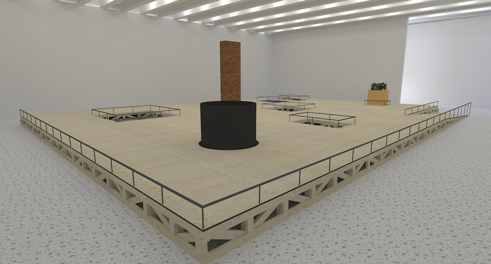 Computer rendering of a large platform in an art gallery with objects and artworks built into it.