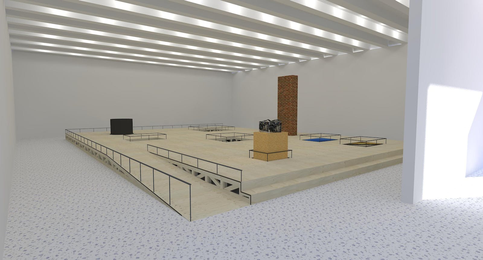 Computer rendering of a large platform in an art gallery with objects and artworks built into it.