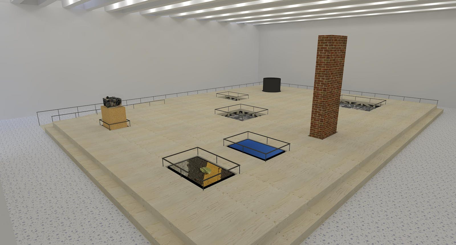 Computer rendering of a large platform in an art gallery with objects and artworks built into it.