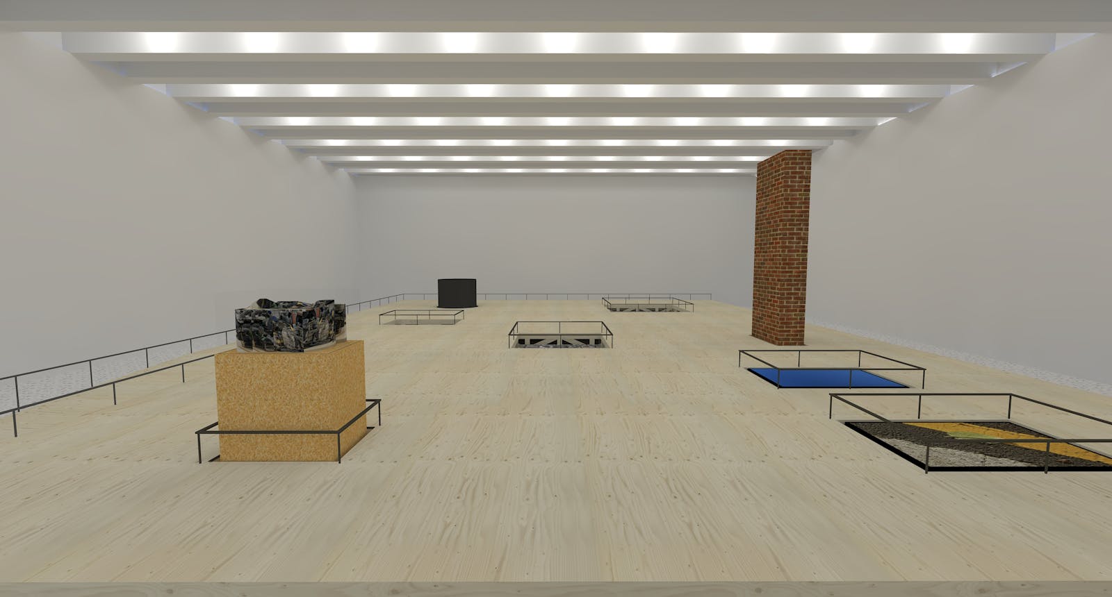 Computer rendering of a large platform in an art gallery with objects and artworks built into it.