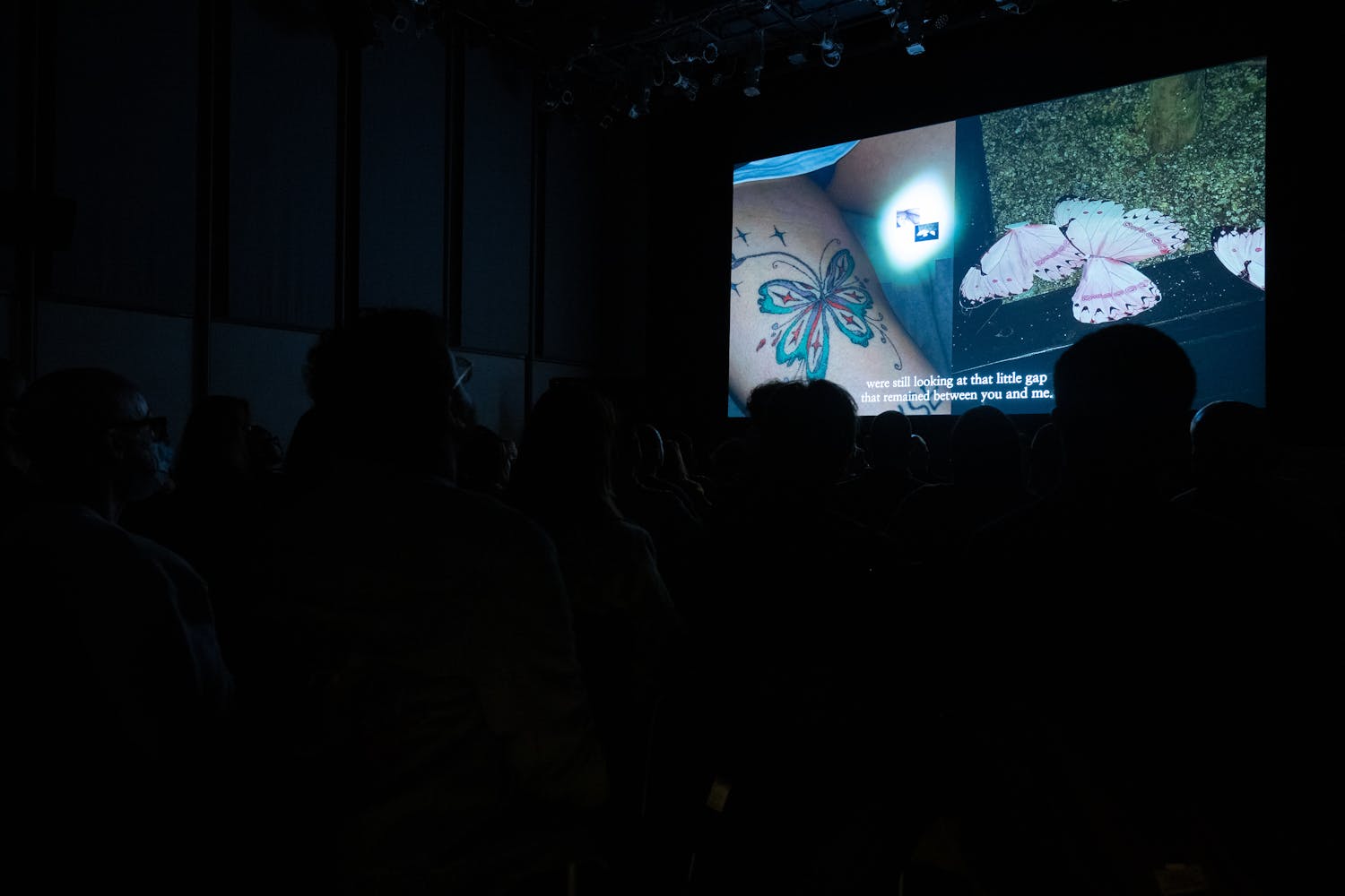 A projected image of butterflies and a tattoo on a leg.