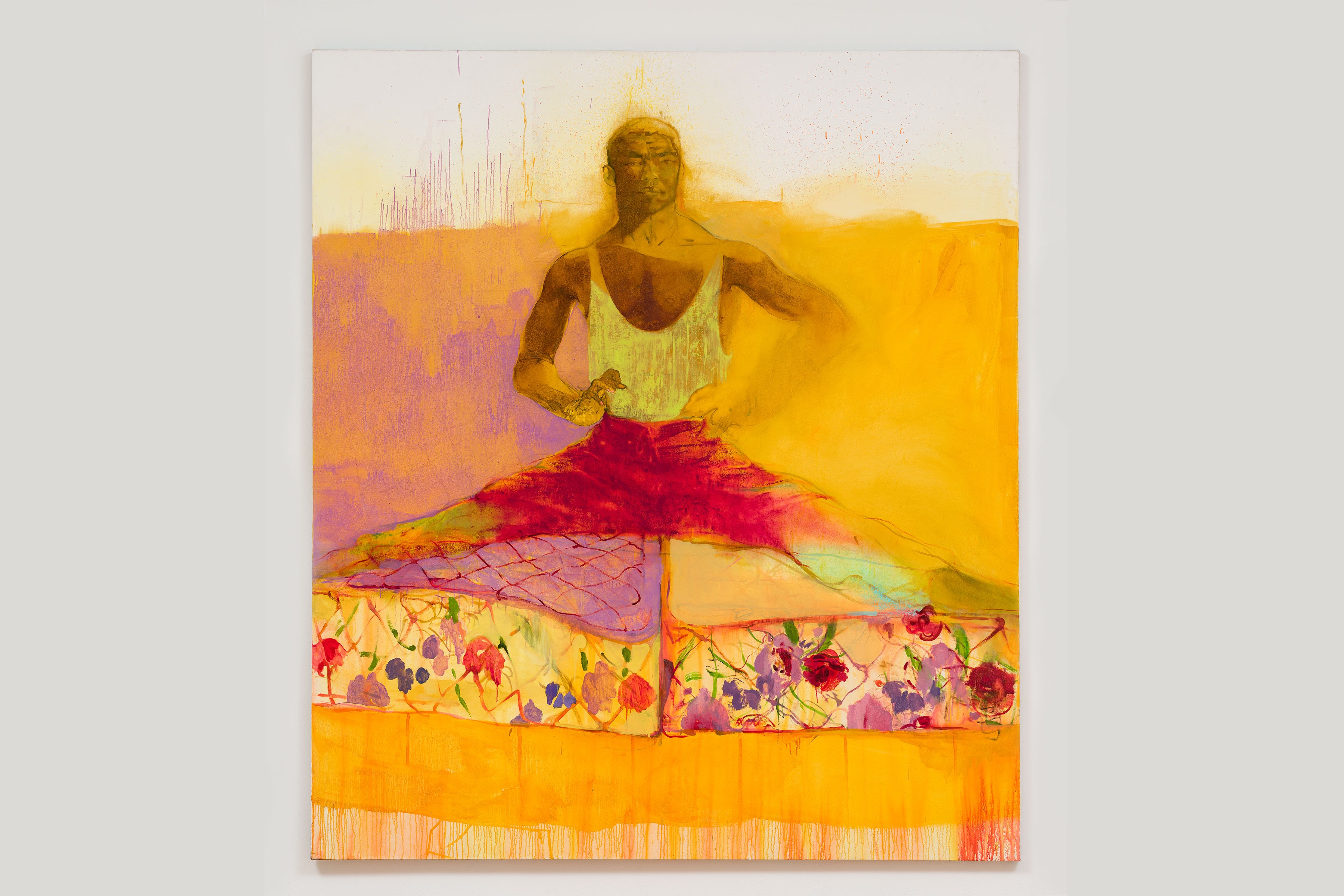 Painting of a man in pants and a tanktop shirt with his legs spead out as he stands