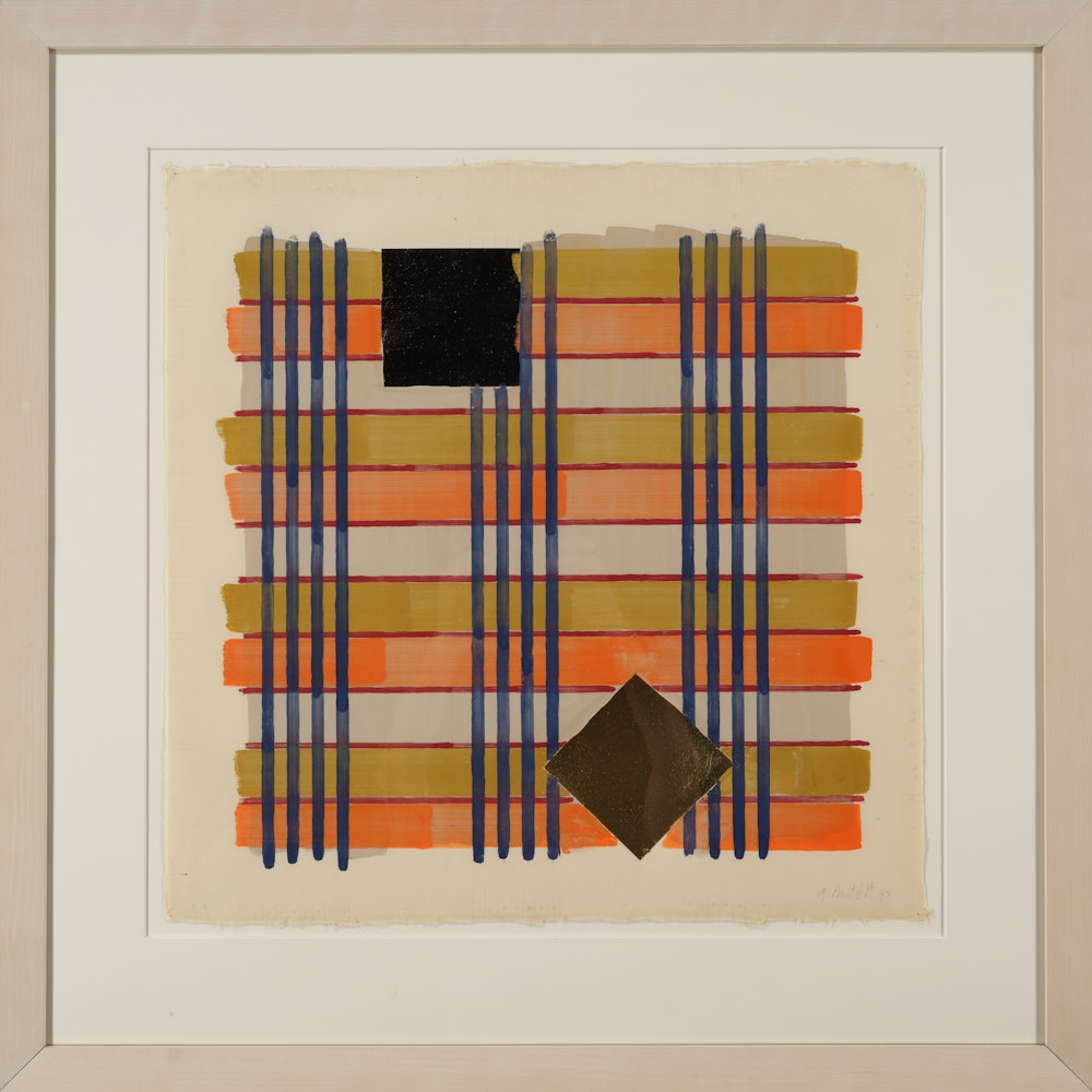 work on paper with sqaure geometric abstraction featuring gold, orange, and grey horizontal lines of color; thin vertical navy lines; and two black squares