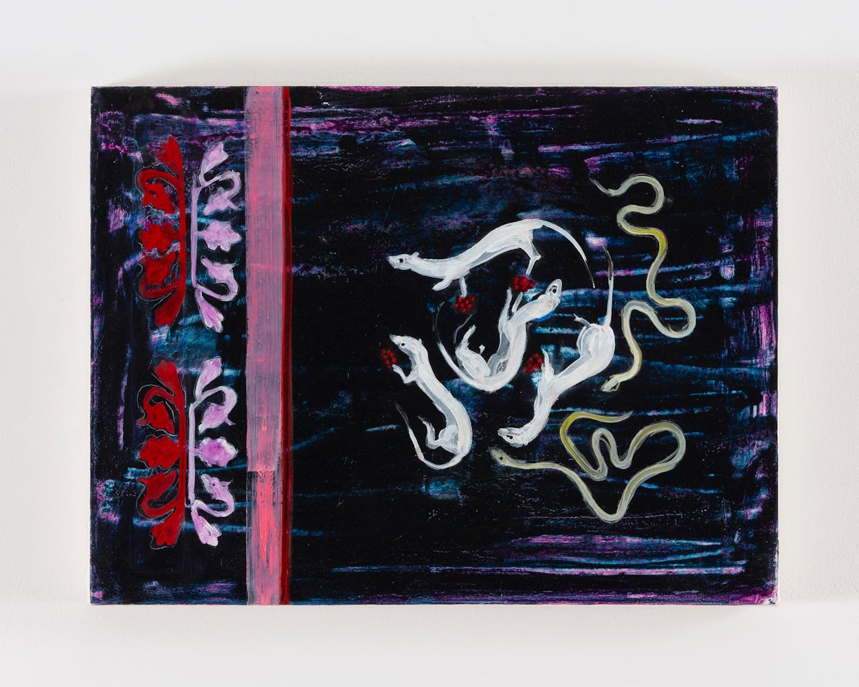 Four white ermines with raspberries and two green snakes float over a black, blue, and purple background with red and pink floral ribbon designs to the left.