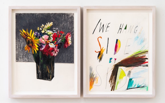 Two drawings side by side; left image is of colorful flower bouquet in vase; on right is colorful text that says "We Hang Side by Side"