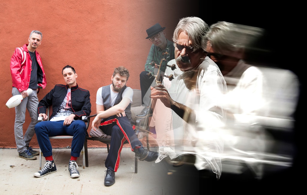 Photo composite of four musicians on the left in front of a brick wall and one musician playing stringed instrument in front of black background on right