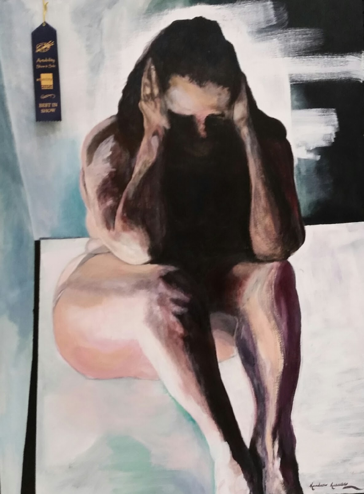 A light skinned woman without clothes is sitting hunched over with her hands covering her ears and face partially in shadow. The colors are in thick brushstrokes. There is an award ribbon on the top left corner