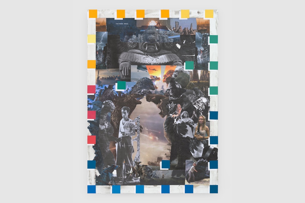 A collage of movie scenes and characters, bordered by a checkered pattern of colorful squares.