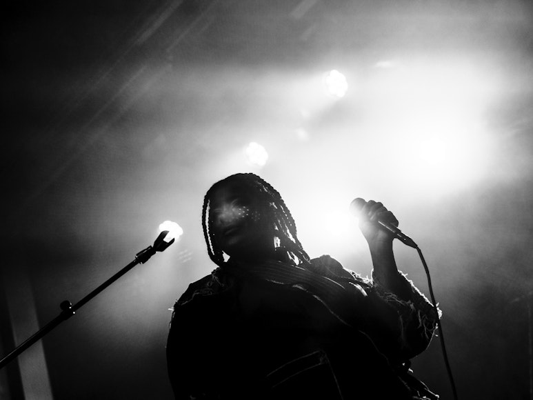 A musician with dark skin and long hair holds a microphone.