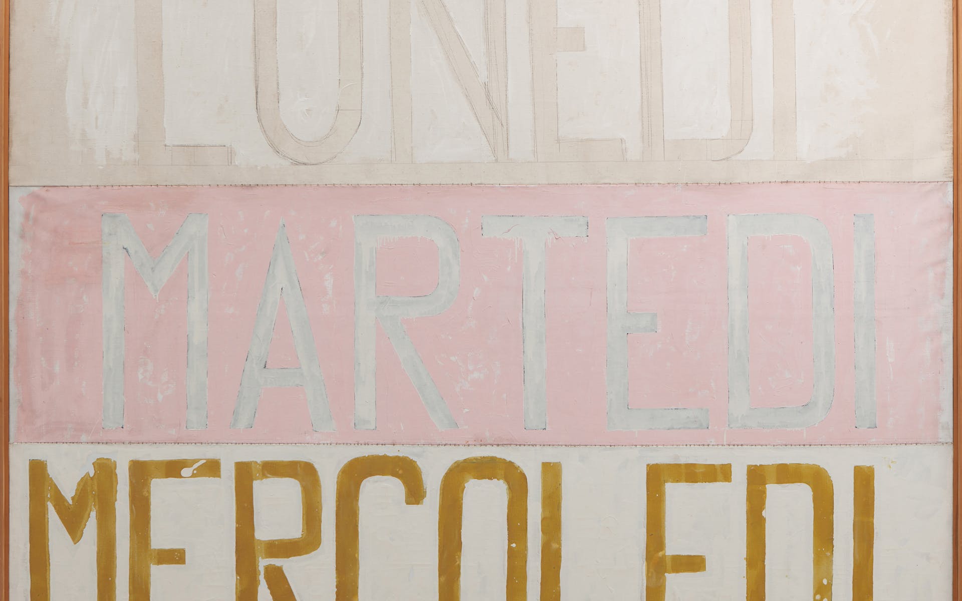 Painting in white, pink, and mustard depicting the words "Lunedì, Martedì, Mercoledì"