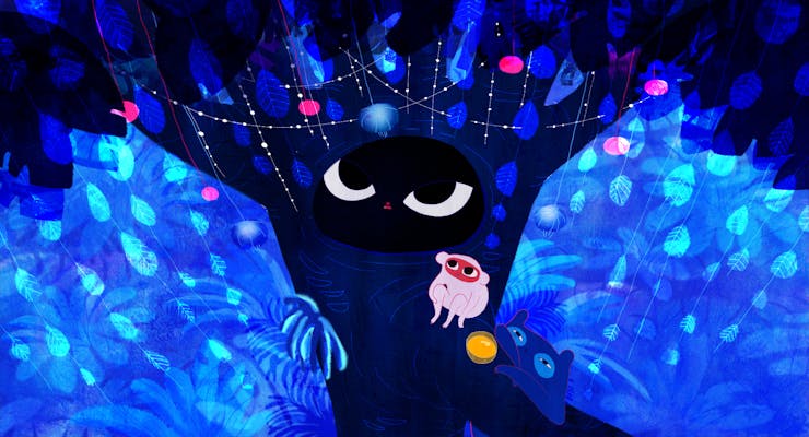 Illustration of small fantastical animals in a large tree with glowing leaves in a dark blue environment