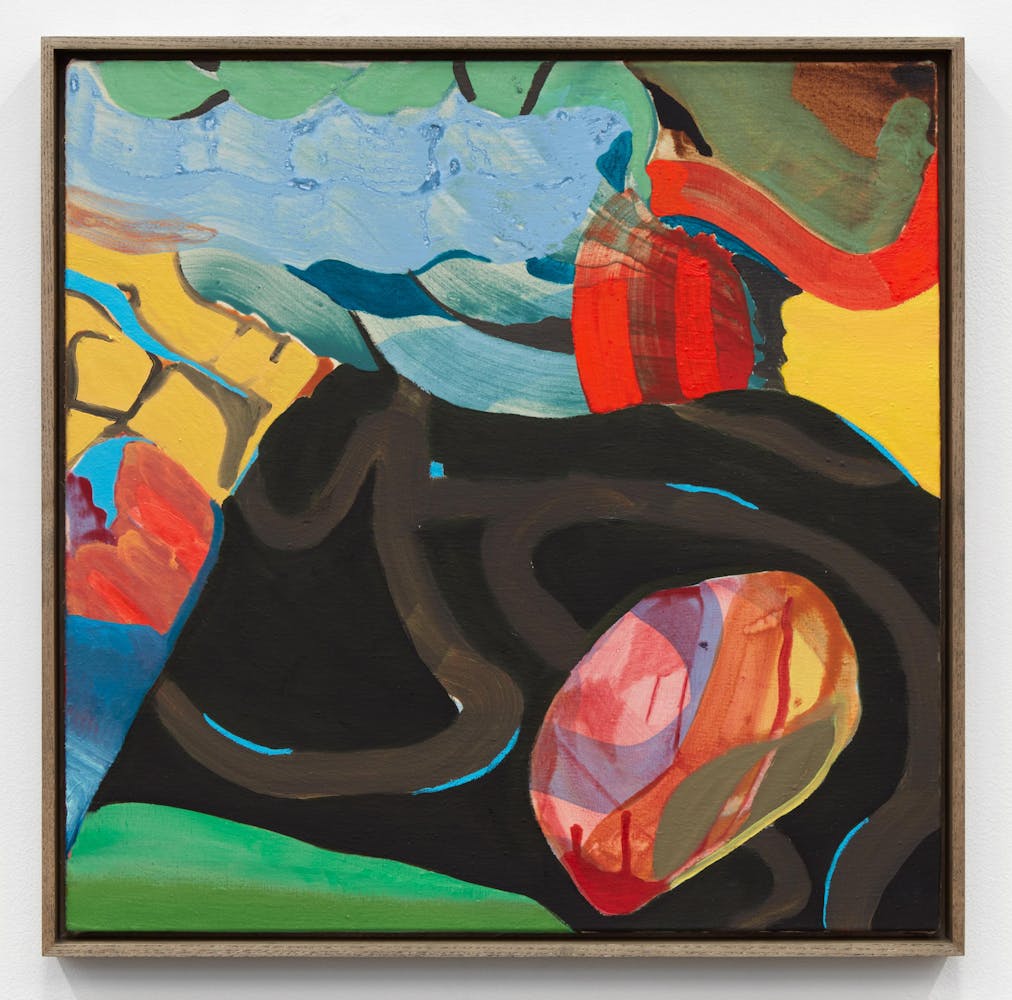 colorful abstract painting with blue, green, yellow, red, black, brown, and orange shapes