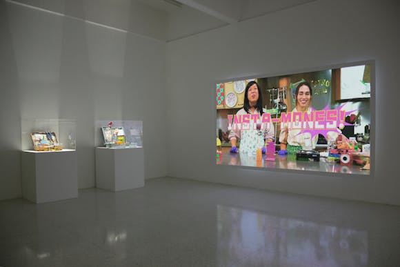 Two pedestals and one large video projection displaying two women with the words"Insta-Mones!"