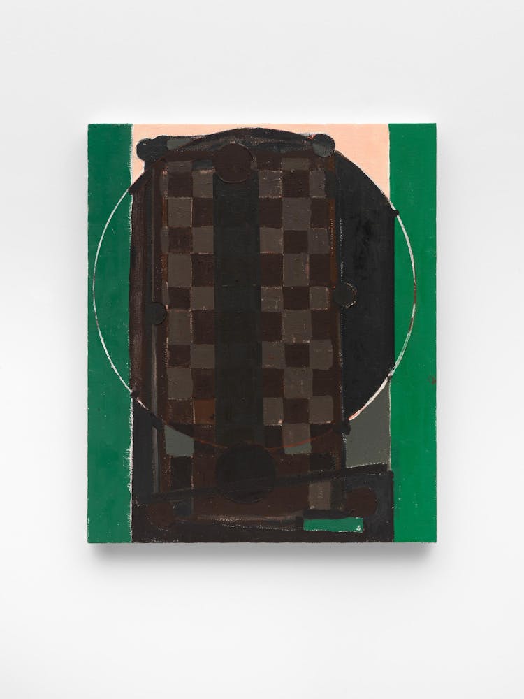 abstract painting with green vertical borders on the left and right, the outline of a large circle in white, and an abstract black and brown checkered shape in the center