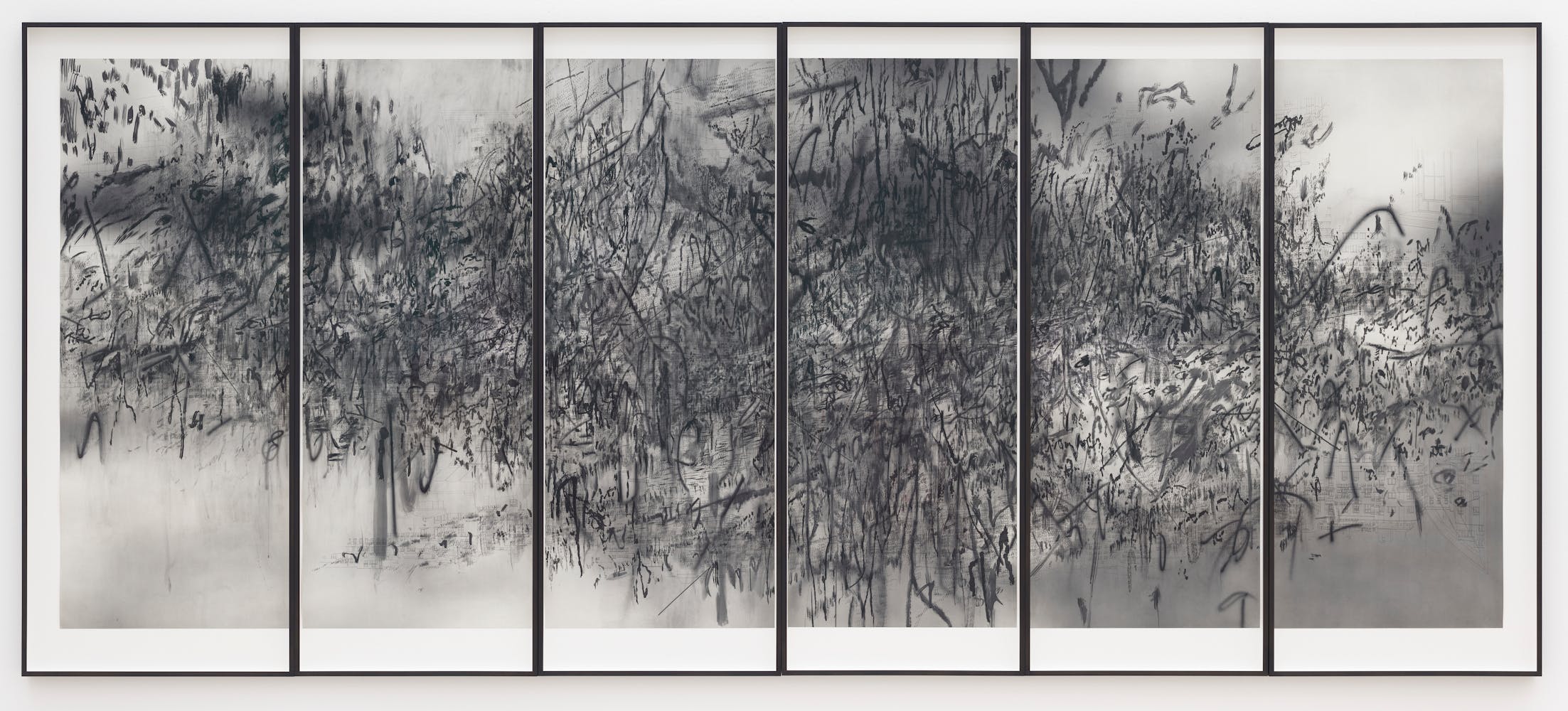 Large abstract black and white painting in six panels