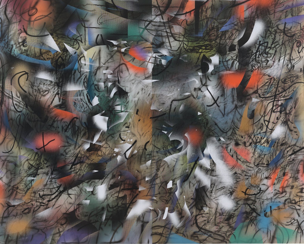 Abstract painting with multicolored brush strokes and spray paint strokes