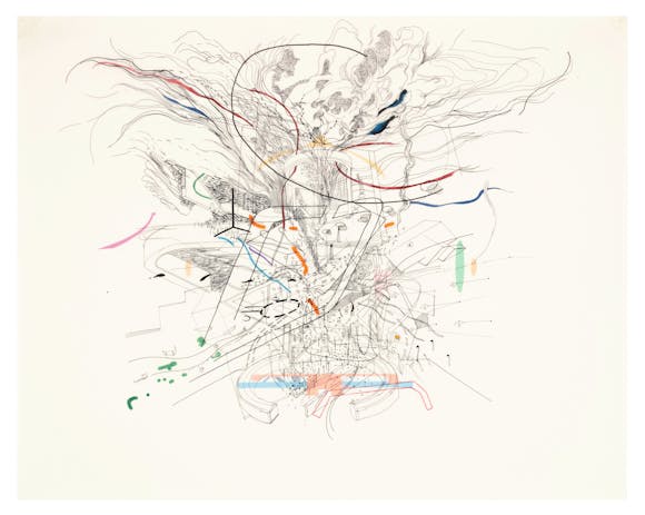 Abstract painting consisting of detailed line work and colorful map-like shapes on warm white background.